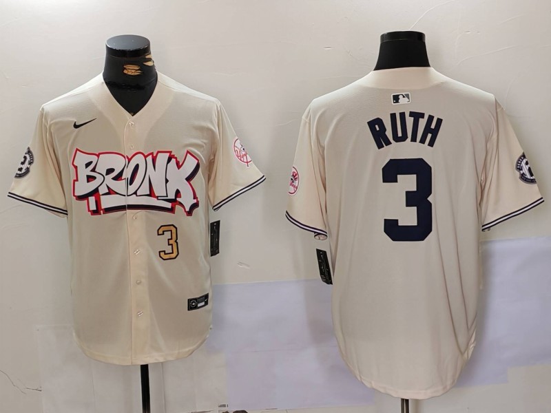 Men New York Yankees #3 Ruth Cream joint name 2024 Nike MLB Jersey style 2